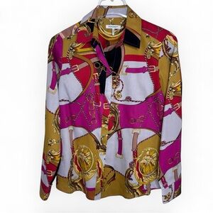 FOXCROFT Women's Carolina Buckle Scarf Print Long Sleeve Shirt Jacket Top XS